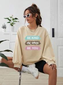 SHEIN LUNE Của phụ nữ Lỏng lẻo phù hợp Áo nỉ Với In thư - Màu Khaki - Xem 1