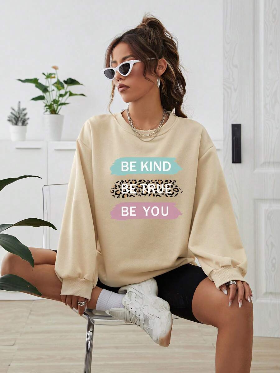 SHEIN LUNE Của phụ nữ Lỏng lẻo phù hợp Áo nỉ Với In thư - Màu Khaki - Xem 1