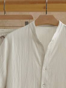 HIMLAND 2 件男士休闲 V 领短袖梭织衬衫和裤子亚麻套装，夏季、复古、舒适服装 - 杏色 - 查看 3