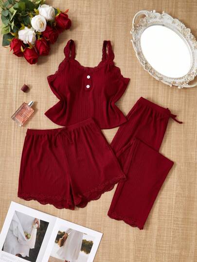 SHEIN 3件套女童纯色蕾丝吊带睡衣套装