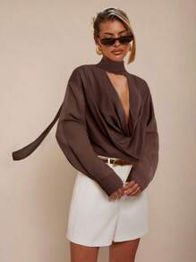 COSMINA Áo cổ khoét sâu màu trơn thanh lịch gợi cảm dành cho nữ, mùa hè - Cà phê nâu - Xem 4