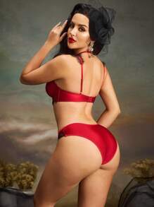 SHEIN 女士性感蕾丝拼布内衣套装，外出穿着 - 酒紅色 - 查看 3