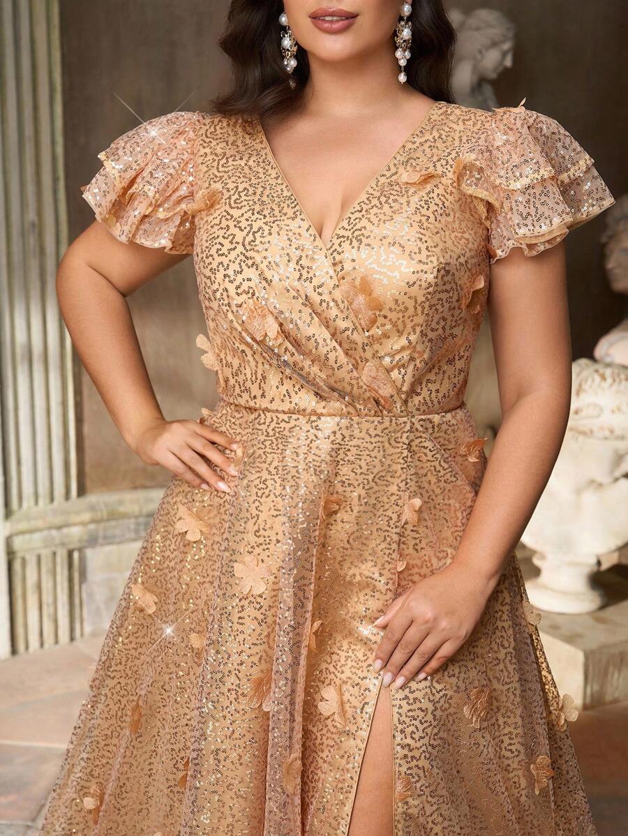 Aureia Plus Size Elegant Romantic Khaki Deep V Neck Ruffle Flutter Sleeve Luxury Sequins Patchwork A-Line Evening Gown, Formal Maxi Dress