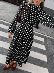 Pariaura 法式优雅腰部收腰长袖波点连衣裙 - 黑色 - 查看 6