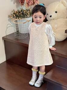 DAZY 2件套女婴圆领缀饰连衣裙和休闲蝴蝶结衬衫套装