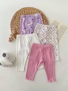 SHEIN Newborn Baby Girl Cute Casual Knitted Elastic Cartoon Pattern Waist Pants (Sold Separately As Top And Bottom)