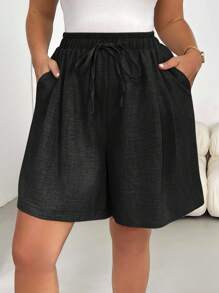 SHEIN Essnce 大码女装春夏时尚休闲宽松舒适基本款日常百搭修身松紧腰短裤，简约风格，外出，宽松裤，欧洲夏季，机场，波西米亚风，度假，老钱风格，返校 - 黑色 - 查看 8