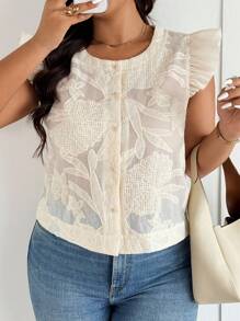 SHEIN Frenchy 大码女式提花圆领盖袖单排扣时尚衬衫 - 杏色 - 查看 7