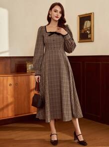 Vintamour Váy cổ điển thanh lịch dành cho nữ, váy cổ vuông viền tương phản ôm sát mùa xuân/hè, váy cài nút nơ, váy xòe tay dài, váy kẻ caro màu cà phê - Cà phê - Xem 5