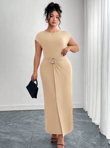 Ellevyn Plus Size Women Elegant Round Neck Metal Button Decor Twist Waist Long Dress, Suitable For Work And Everyday Wear - Khaki - View 4