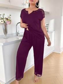DUSKBASE Plus Size European & American Design Hollow Lace Patchwork Notch Neck Women Casual Sleepwear Set, Outfits - Red Violet - View 4