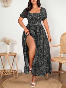 SHEIN Clasi 大码女式优雅浪漫碎花蝴蝶结领高开衩泡泡袖时尚连衣裙，春夏 - 黑與白 - 查看 4