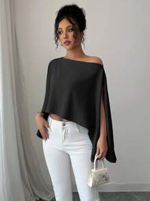 Elenzga 2025 新款优雅别致浅黑色休闲百搭性感不对称设计落肩褶皱腰绿色女式春夏衬衫，休闲露肩纯色不对称衬衫，适合万圣节、圣诞节、新年、感恩节、情人节、工作 - 黑色 - 查看 3