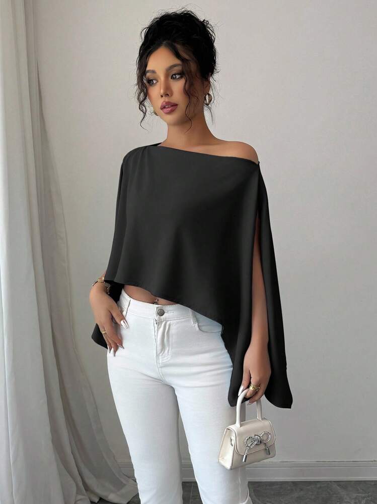 SHEIN Elenzya 2025 New Elegant Chic Light Black Casual Versatile Sexy Asymmetric Design Drop Shoulder Ruched Waist Green Women's Spring/Summer Blouse, Casual Shoulder Exposed Solid Color Asymmetric Shirt, Suitable For Halloween, Christmas, New Year, Thanksgiving, Valentine's Day, Work - Black - View 3