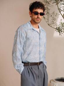 Manfinity BRENVOR Men's Simple Casual Jacquard Button Down Long Sleeve Shirt - Baby Blue - View 3