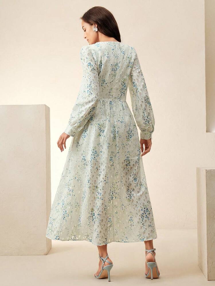 Women's Spring/Summer Elegant Full Floral Print V-Neck Lantern Sleeve Pleated Bodice Maxi Dress