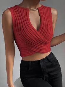 Celisse 夏季性感纯色镂空交叉裹身无袖短款针织上衣 - 紅色 - 查看 4