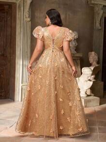 Aureia Plus Size Elegant Romantic Khaki Deep V Neck Ruffle Flutter Sleeve Luxury Sequins Patchwork A-Line Evening Gown, Formal Maxi Dress - Khaki - View 5