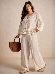 Elaquor Bộ 2 món áo sơ mi và quần dài thêu vá khoét lỗ thường ngày cho kỳ nghỉ cỡ lớn - Màu be - Xem 6