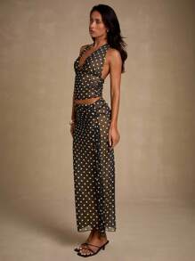 Glamine 2 Pieces Sets White And Black Color Wave Point Sexy V Neck Backless Asymmetrical Maxi Skirt Sets,Club Outfits,Women Fall Clothes,Streetwear,Concert Outfit,Date Night Outfits,Back To School Clothes,Going Out Set,Halloween Set