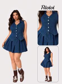 Rivivi Plus Size Women's Striped Front Button Pleated Hem Sleeveless Denim Dress