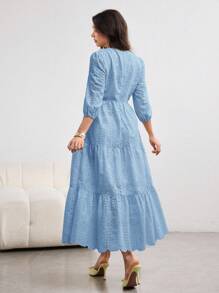 Modelyn 女式长款花卉刺绣泡泡袖方领优雅浪漫连衣裙，春夏 - 藍色 - 查看 2