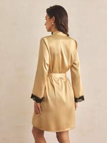 SHEIN Women's Elegant Contrast Color Lace Patchwork Satin Robe - Yellow - View 3
