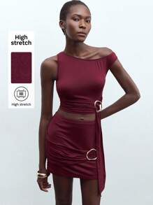 Maija Women Red Summer Outfit Oblique Shoulder Metal Buckle Tie-Front Fitted Crop Top And Elastic Waist Metal Buckle Elegant Music Festival Holiday Party Two Pieces Skirt Set - Red - View 1