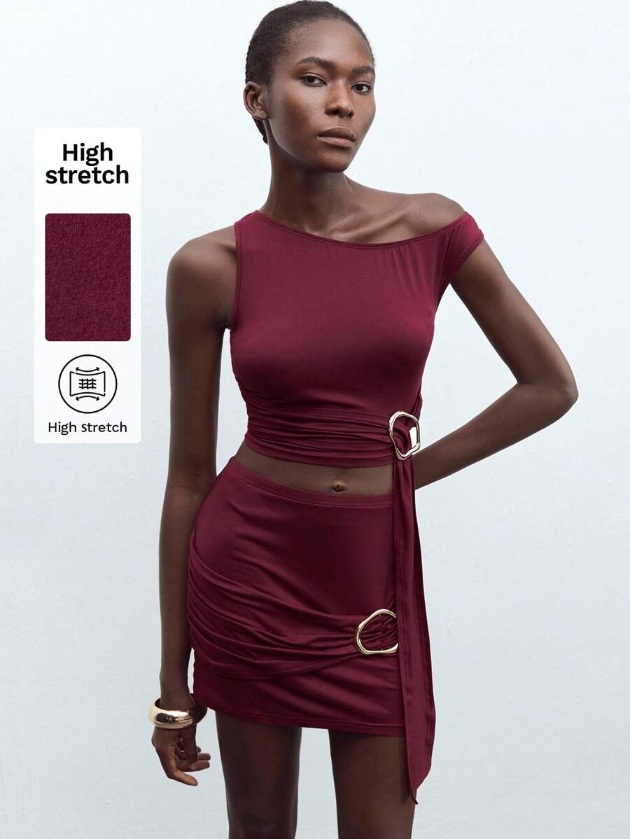 Maija Women Red Summer Outfit Oblique Shoulder Metal Buckle Tie-Front Fitted Crop Top And Elastic Waist Metal Buckle Elegant Music Festival Holiday Party Two Pieces Skirt Set - Red - View 1