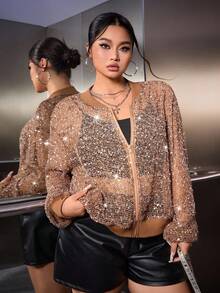 SHEIN EZwear Plus Size Women's Sequin Sheer Long Sleeve Zip Front Baseball Collar Jacket Gold Sequin Top Sequin Jacket Winter Fall Autumn Halloween