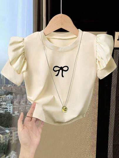 少女夏季休闲圆领短袖T恤，蝴蝶结装饰