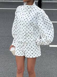 Muchica 女士波尔卡圆点印花长袖拉链夹克和短裤休闲宽松两件套