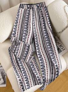 EMERY ROSE Digital Print Casual Wide Leg Pants With Elastic Waist For Women Fall Cloth For Women - Multicolor - View 2