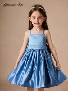 Glamorique Kids 四季少女甜美可爱生日派对礼服，无袖缎面花童婚纱，后背带大蝴蝶结公主裙 - 藍色 - 查看 6