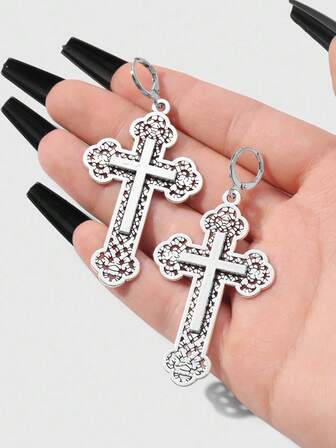 Goth Set de 2 pares de aretes colgantes con cruz floral hueca de estilo retro punk gótico Y2K plateados, adecuados para uso diario de mujeres, regalo para vacaciones