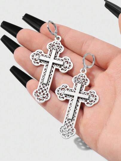 Goth Set de 2 pares de aretes colgantes con cruz floral hueca de estilo retro punk gótico Y2K plateados, adecuados para uso diario de mujeres, regalo para vacaciones