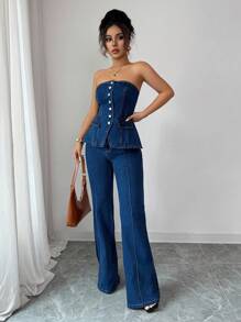 Selianne Summer Fashion Front Button Denim Jumpsuit - Dark Wash - View 3