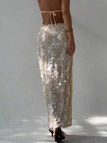 Aloruh Date Night Outfits Women Music Festival Party Disco Sequin Textured High Slit Skirt For Women - Multicolor - View 3