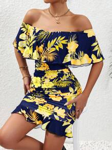 Selianne Đầm bodycon trễ vai bèo nhún in họa tiết nhiệt đới cho trang phục đi biển dành cho nữ - Màu xanh hải quân - Xem 6