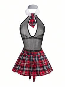 Fantasy Costume 女士格子拼布渔网露背吊带性感内衣 - 彩色 - 查看 5