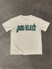 Manfinity EMRG Men's Summer Letter & Figure Print Round Neck Short Sleeve Casual T-Shirt God Bless T Shirt Beige Graphic Tee Christian Graphic Tees - Khaki - View 5