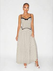 Zolique Women's Elegant Summer Vacation Lace Polka Dot Camisole Maxi Dress - Black and White - View 1