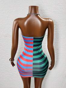 BamGleam 女士条纹修身露肩迷你连衣裙，夏季 - 彩色 - 查看 2