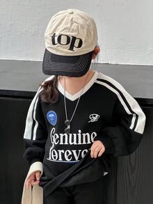 DAZY 女童V领艺术印花长袖卫衣，秋冬新款女童服装 - 黑色 - 查看 4