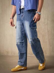 Manfinity Homme Men's Casual Washed Cargo Denim Jeans - Medium Wash - View 6