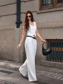 Selenza Women's Pocketed Pleated Wide Leg Loose Casual Versatile Denim Pants