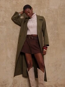 SHEIN Privé VITNOS Fall Summer Modest Old Money Holiday Party BOHO Women's Solid Color Lapel NeckCasual Long Sleeve Fashion Trench Coat - Dark Green - View 6