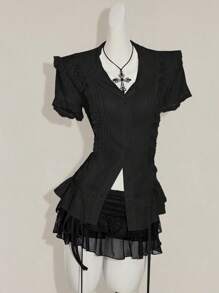 SHEIN ICON Y2k 女式西部乡村音乐会波西米亚嬉皮米色哥特夏季休闲蕾丝边衬衫 - 黑色 - 查看 7