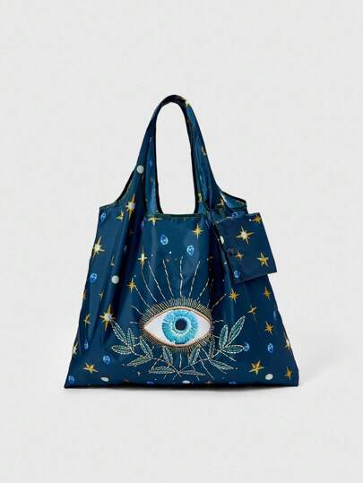 Fairycore 1pc Fashionable Eye-Shaped Celestial Motif Storage Pouch, Large Capacity Foldable Tote Bag With Coin Purse