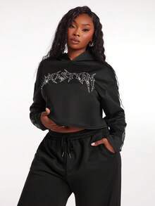 SHEIN SXY Sudadera con capucha con aplicaciones de rhinestones para mujer de talla grande en otoño e invierno